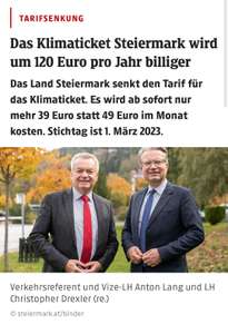 Klimaticket Steiermark 120 Euro günstiger pro Jahr