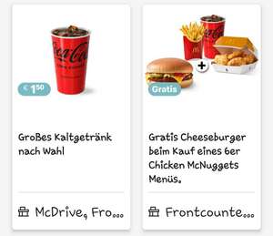 Großes Kaltgetränk nach Wahl um 1.5€ in der MC Donalds App + gratis Cheeseburger beim Kauf eines Chicken MCNuggets Menüs