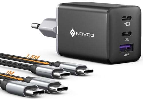NOVOO 67W USB C Ladegerät 3-Port GaN Ⅲ USB C Netzteil Schnellladegerät mit 2 PD 100W Typ-C-Kabeln