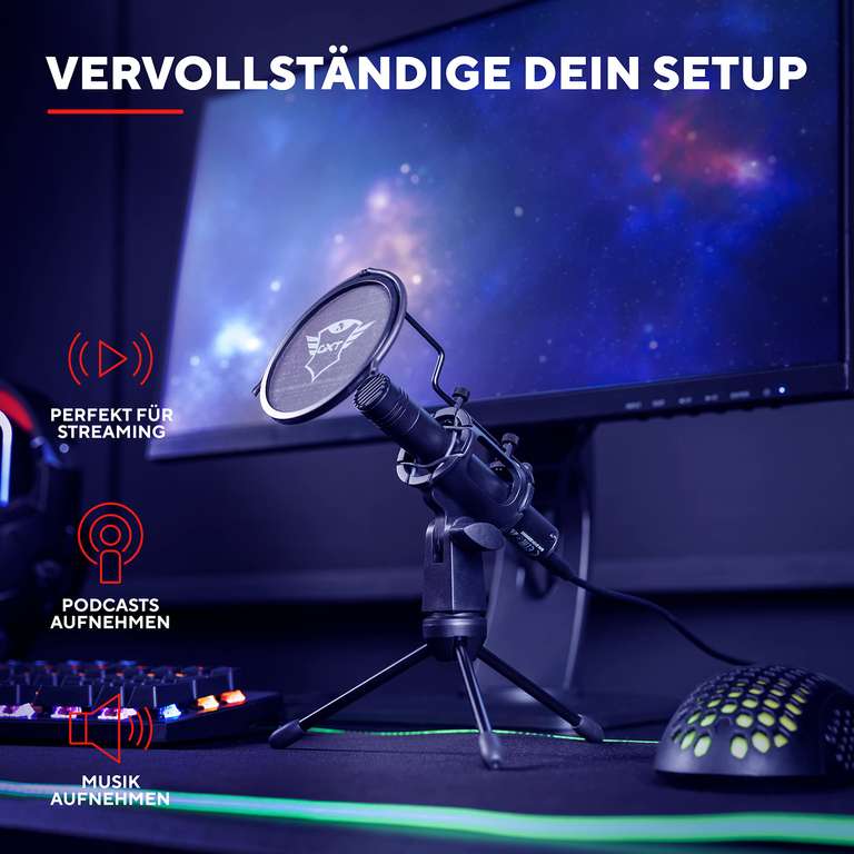 Trust Gaming GXT 241 Velica PC Mikrofon für Streaming mit Dreibeinstativ und Popfilter