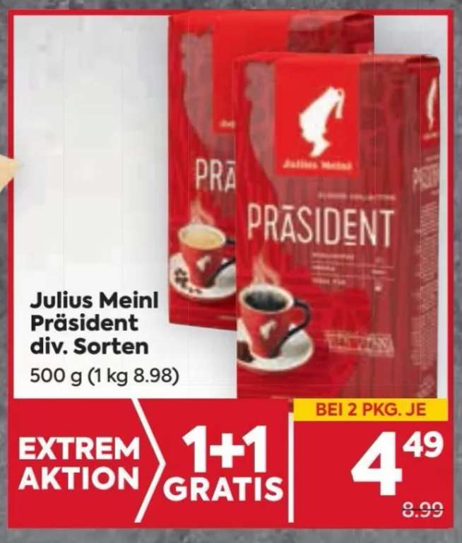 Julius Meinl Präsident div. Sorten 1+1 Aktion 4,49,- pro Pkg bei Billa/Billa Plus ab 09.02.