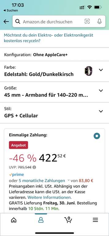 Apple Watch Series 7 (GPS + Cellular, 45mm) Smartwatch - Edelstahlgehäuse Gold, Sportarmband Dunkelkirsch