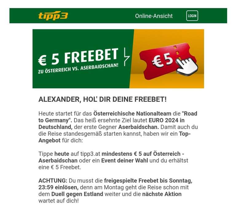 Tipp3 5€ Freebet wenn man vorher eine 5€ Wette abschließt