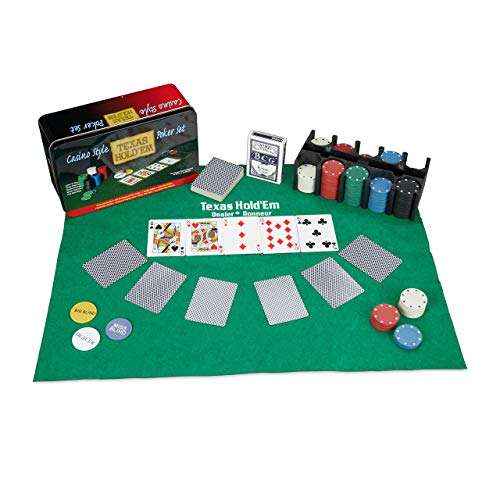 Relaxdays Pokerset mit 200 Chips, Spielmatte, 2 Kartendecks, Dealerbutton, Blindbuttons, Casino-Feeling