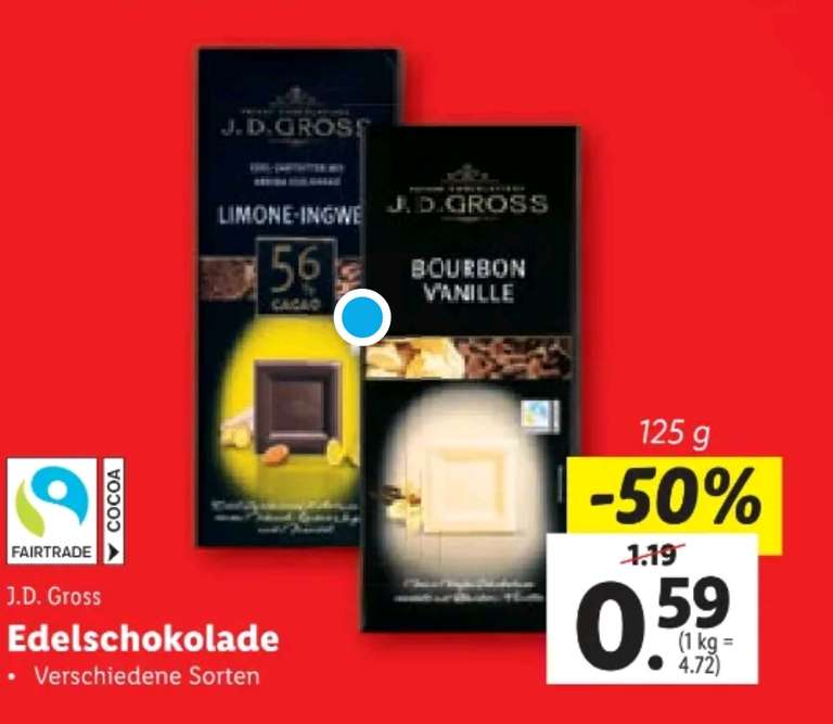 [LIDL] J.D. Gross Edelschokolade 125g statt 1.19€ nur 0.59€
