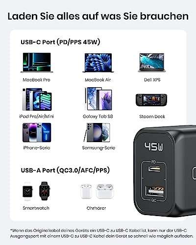 INIU USB C Ladegerät 45W, 2-Port USB A+C