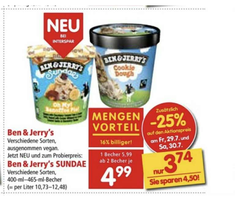 Ben&Jerry's ab 2 Becher je 3.74€ beim Spar, Eurospar und Interspar