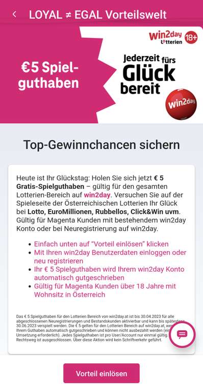 [Magenta App] 5€ Lotterie Spielguthaben Win2Day
