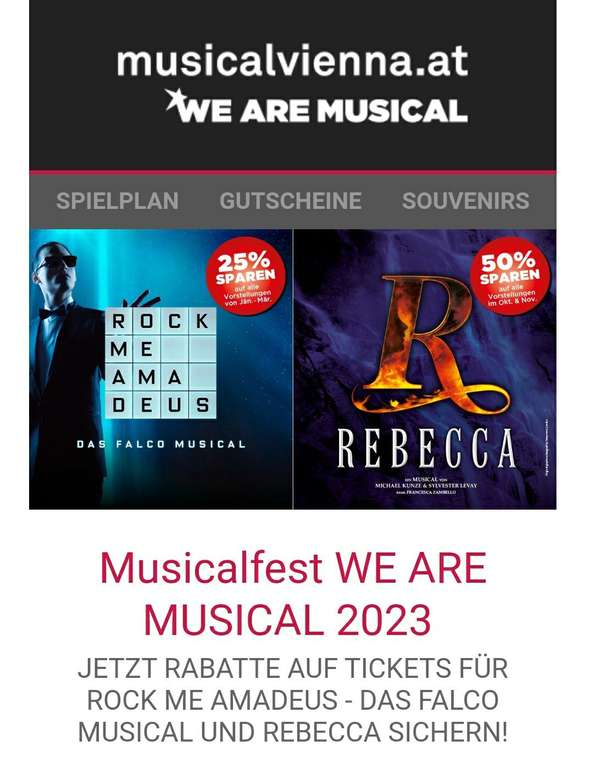 -25% Rabatt auf Falco Musical- und -50% auf Rebecca Tickets