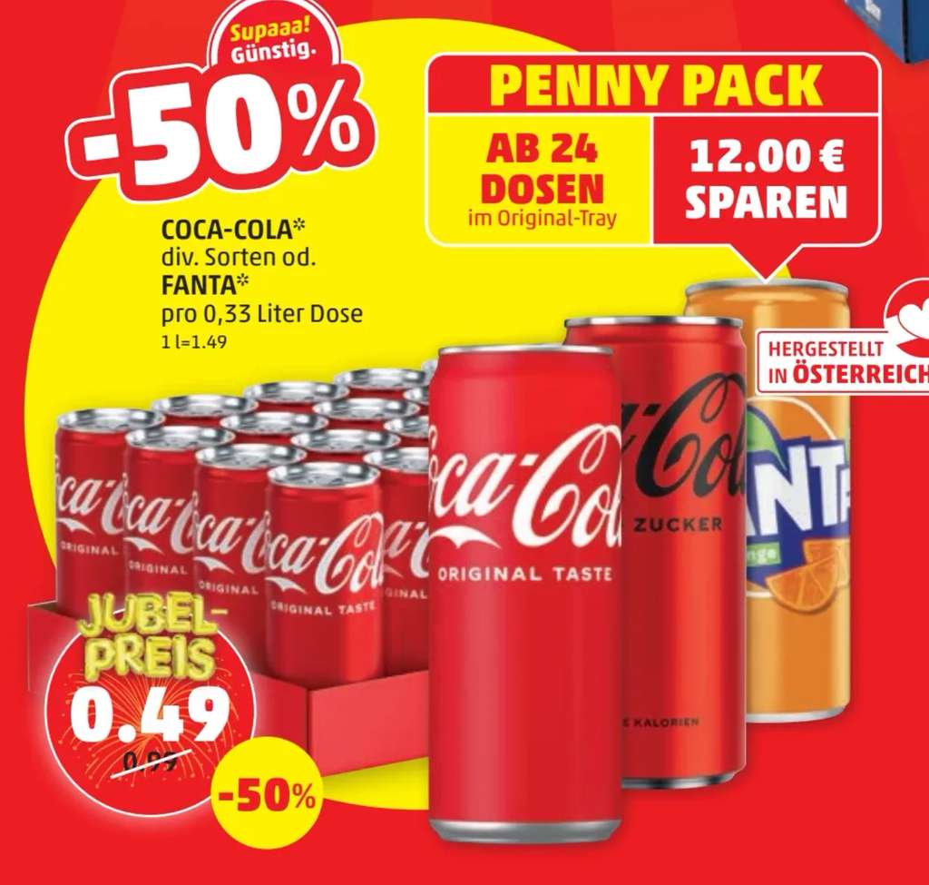 Penny: 24 Dosen Coca Cola, Zero od Fanta 0,33l um je 0,49 pro Dose