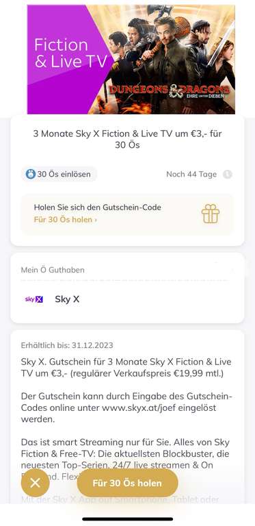 Sky X - Fiction & Live TV drei Monate lang um € 3 für 30 Ös - Jö App