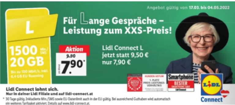 Lidl Connect L anstatt um 9.50 Euro ab 17.03.2022 um nur 7.90 Euro im Monat .