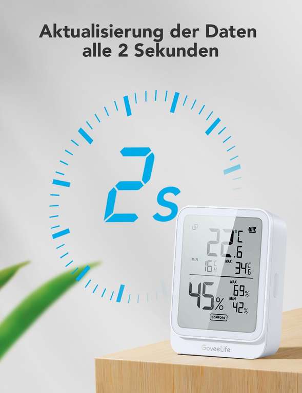 GoveeLife Digitales Thermometer Hygrometer Innen, Bluetooth LCD Luftfeuchtigkeitsmesser mit Benachrichtigungsalarm und App