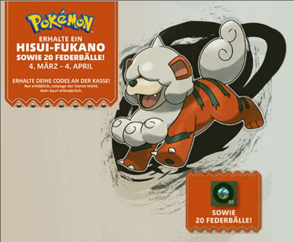 Hisui-Fukano sowie 20 Federbälle für "Pokémon-Legenden: Arceus" (Nintendo Switch) gratis Code bei GameStop