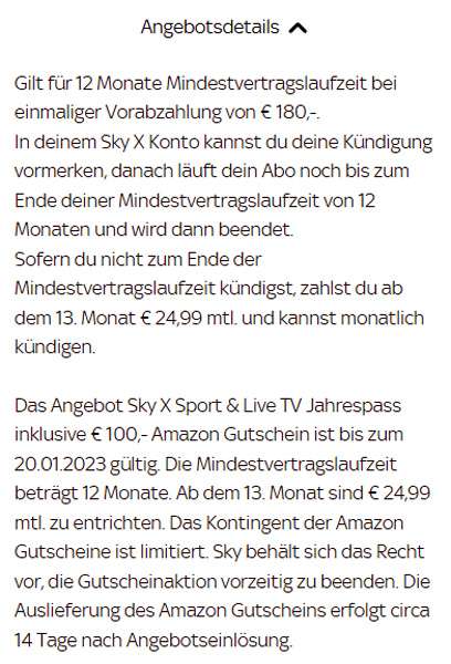 1 Jahr Sky X Sport + Amazon Gutschein (Wert 100,-) um 180,-