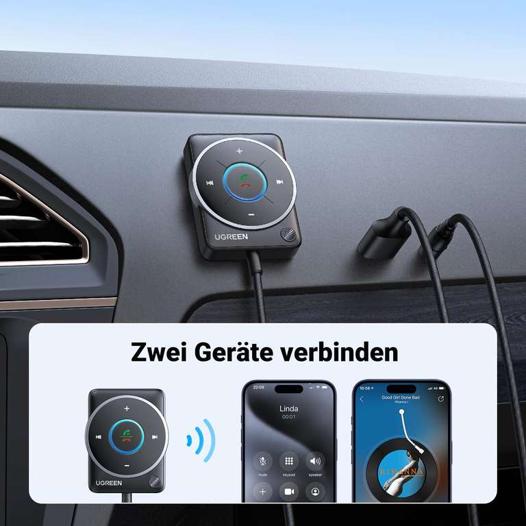 UGREEN Aux Bluetooth 5.4 Auto Adapter, Multifunktionstaste, Wireless Musik, Dualverbindung, RGB Umgebungslicht