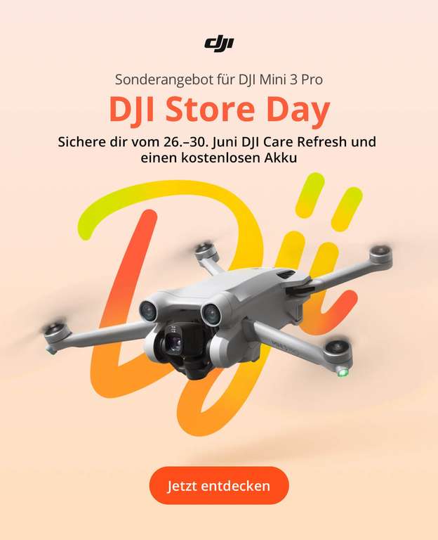DJI Store Day! Sonderangebot für DJI Mini 3 Pro RC => inkl. 2 Jahre Care-Refresh und zusätzlichem Akku