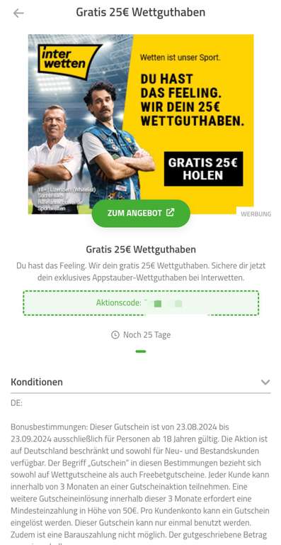 Interbet Bonus Code 25€ Interwetten Gutschein via Spielerplus App | Preisjäger