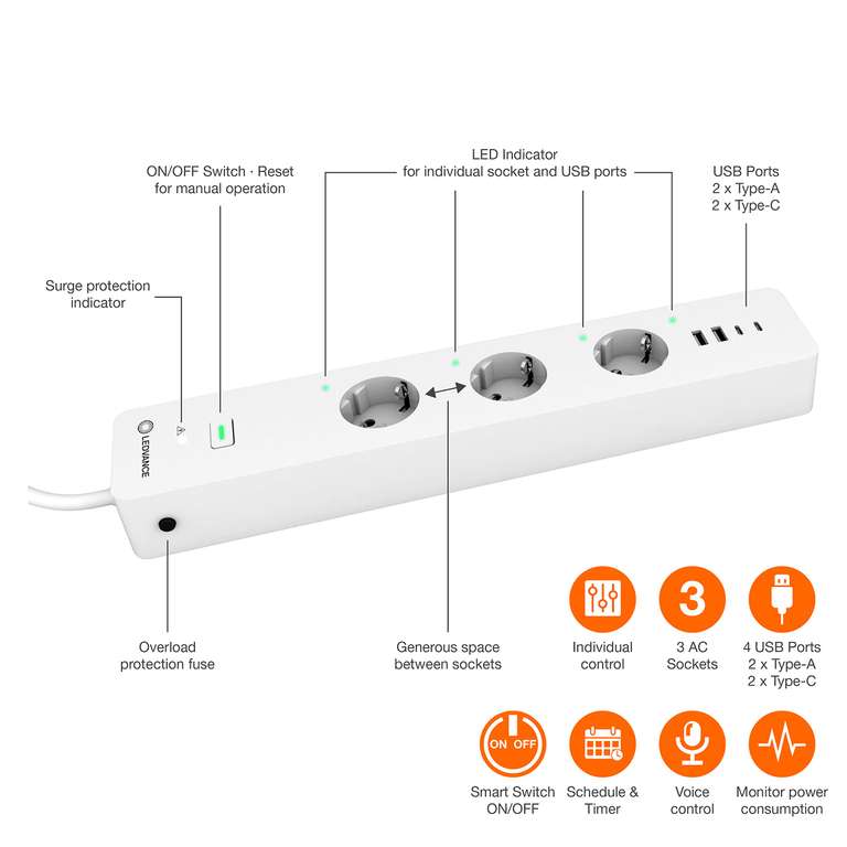 LEDVANCE Smart Plug, 3-Fach Steckdosenleiste mit je 2 USB-A/Usb-c