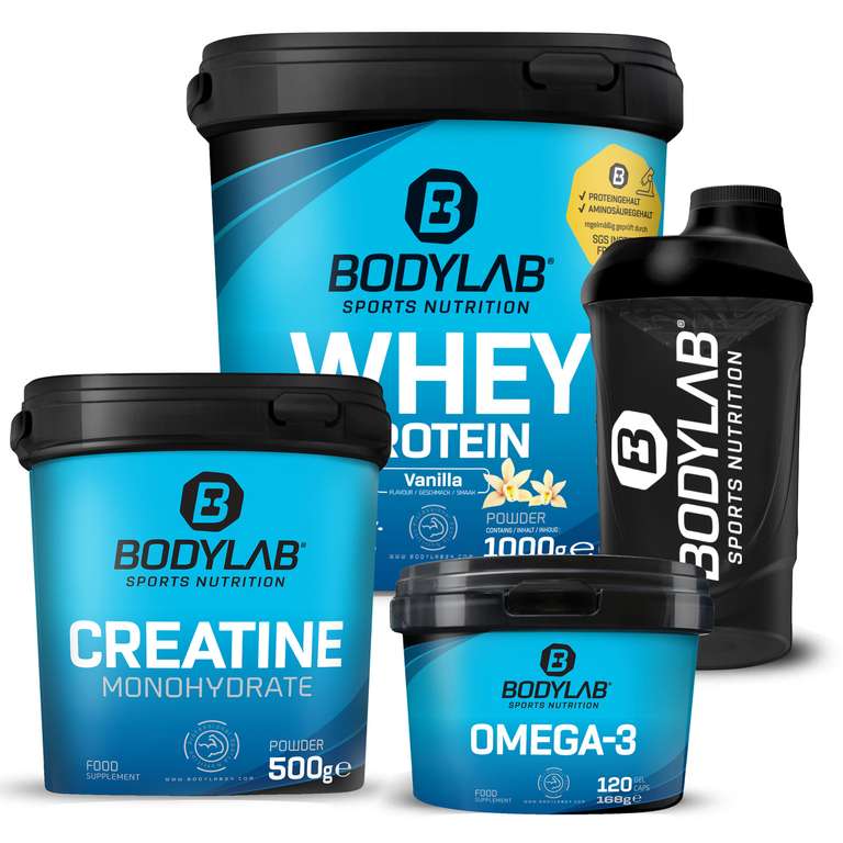 Bodylab24: 1kg Whey nach Wahl + 500g Creatine Powder + 120 Omega-3 Kapseln + 1 Bodylab Shaker