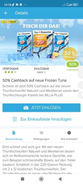 Vier Diamanten Tunfisch Tiefgekühlt! Marktguru Cashback + BILLA Extrem Aktion + Tiefkühlrabatt!!!