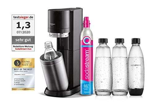 SodaStream Wassersprudler DUO mit CO2-Zylinder, 2x 1L Glasflasche und 2x 1L spülmaschinenfeste Kunststoff-Flasche