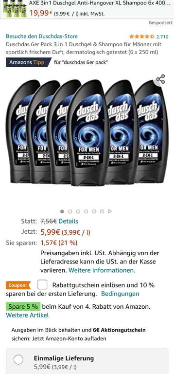 Duschdas 6er Pack 3 in 1 Duschgel & Shampoo für Männer mit sportlich frischem Duft, dermatologisch getestet (6 x 250 ml)