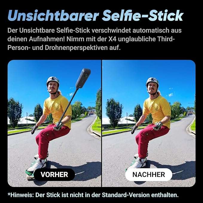 Insta360 X4 – wasserdichte 8K 360°-Action-Cam, 4K Weitwinkelvideos, Unsichtbarer Selfie-Stick Effekt
