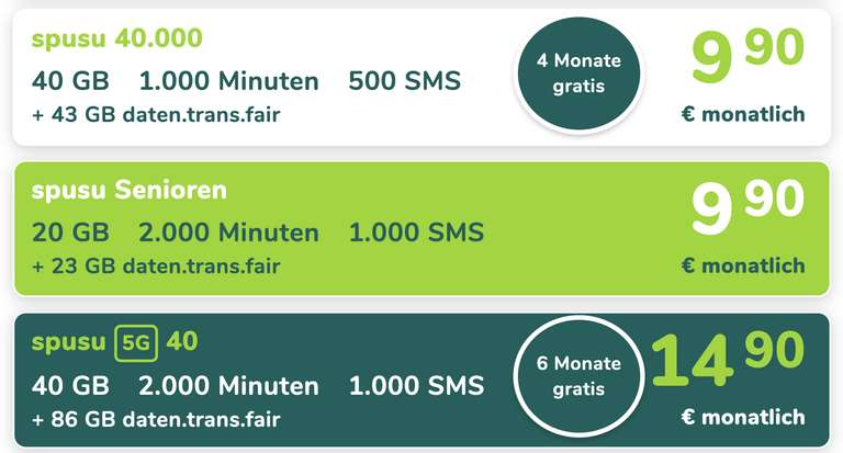 Spusu Tarif 5G 40 (2000min, 1000 SMS, 40 GB) 6 Monate gratis oder Spusu 40000 (40GB, 1000min, 500 SMS) 4 Monate gratis
