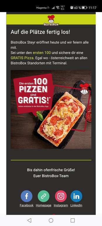 Bistro Box 100 Pizzas gratis österreichweit