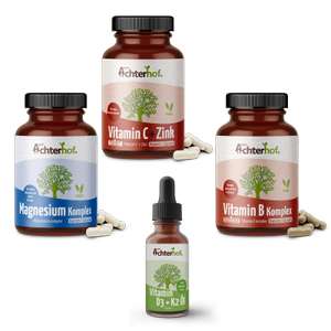 vom Achterhof Vitalstoff Klassiker Set mit Vitamin D3 + K2 Tropfen, Vitamin B Komplex, Magnesium Komplex, Vitamin C und Zink Kapseln