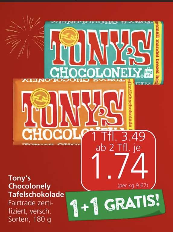 Tony's Chocolonely Fairtrade Tafelschokolade versch. Sorten 180g 1+1 gratis bei Spar