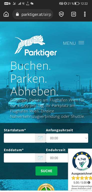 Parktiger Wien Flughafen parken 3€ oder 10% Rabatt