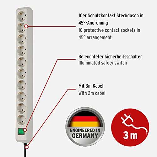 Brennenstuhl Eco-Line 10-fach Steckdosenleiste mit Schalter, 3m