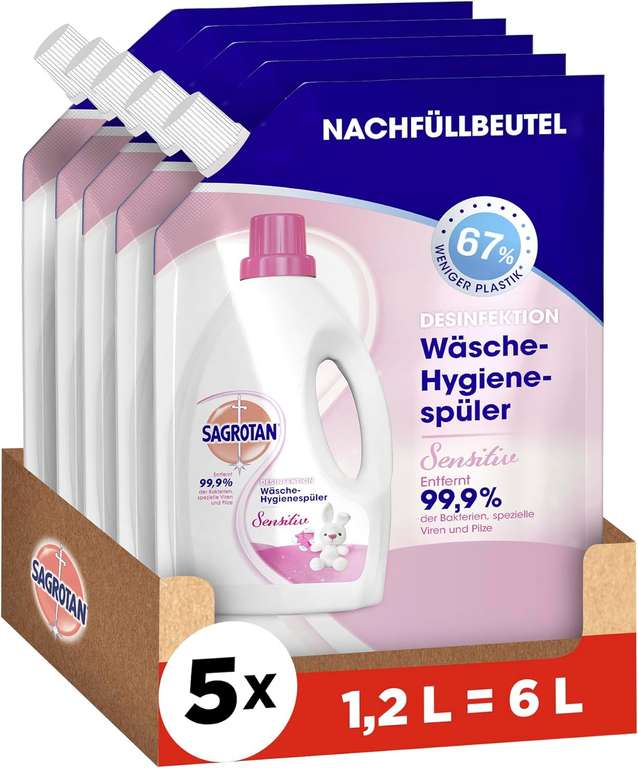 5 x 1,2 L Sagrotan Wäsche-Hygienespüler "Himmelsfrische" oder "Sensitiv" Nachfüller
