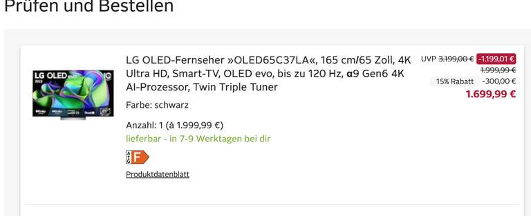 LG OLED 65C37LA (1399€ durch 300€ Cashback)
