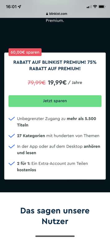 Blinkist Premium - 1 Jahr 20€