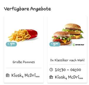 2x Klassiker nach Wahl um 5.90€ + große Pommes um 1.50€ in der MC Donalds App bis 30.10.