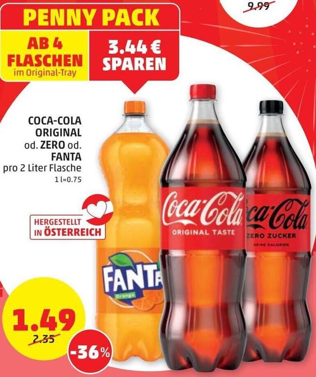 Coca-Cola Original od. Zero od. Fanta 2 Liter - ab 4 Flaschen beim Penny/Preis ist pro Flasche