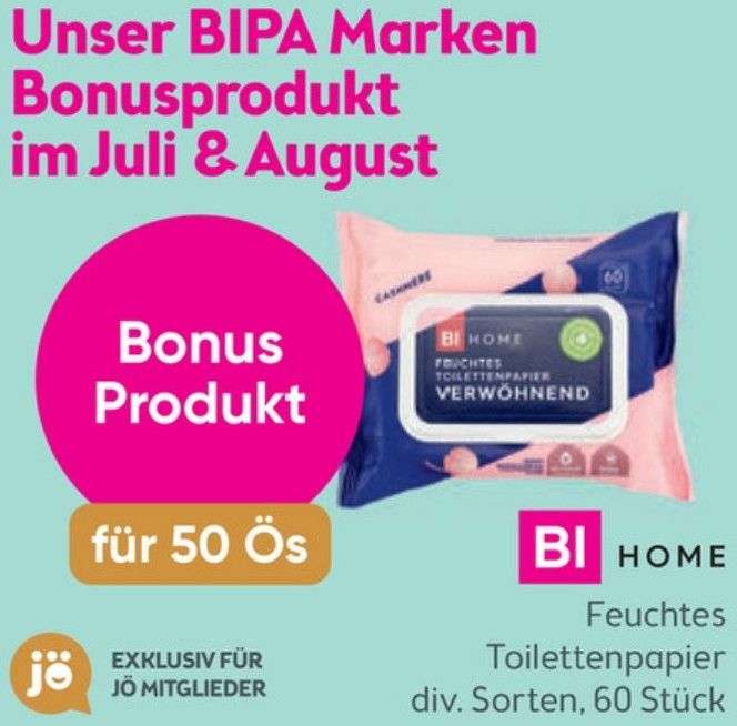 [Bipa] Feuchtes Toilettenpapier (60 Tücher) Bonusprodukt Juli & August für 50 Ös