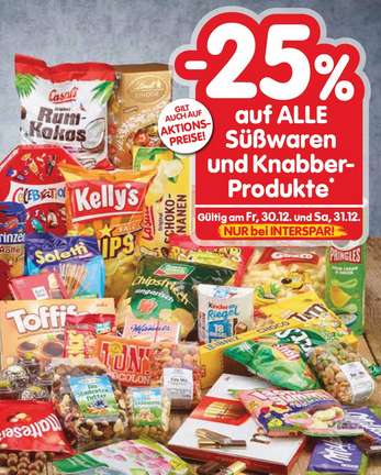 -25% auf Süßwaren und Knabberprodukte bei Interspar bzw. -25% auf Knabberprodukte bei Billa Plus am 30. und 31.12.