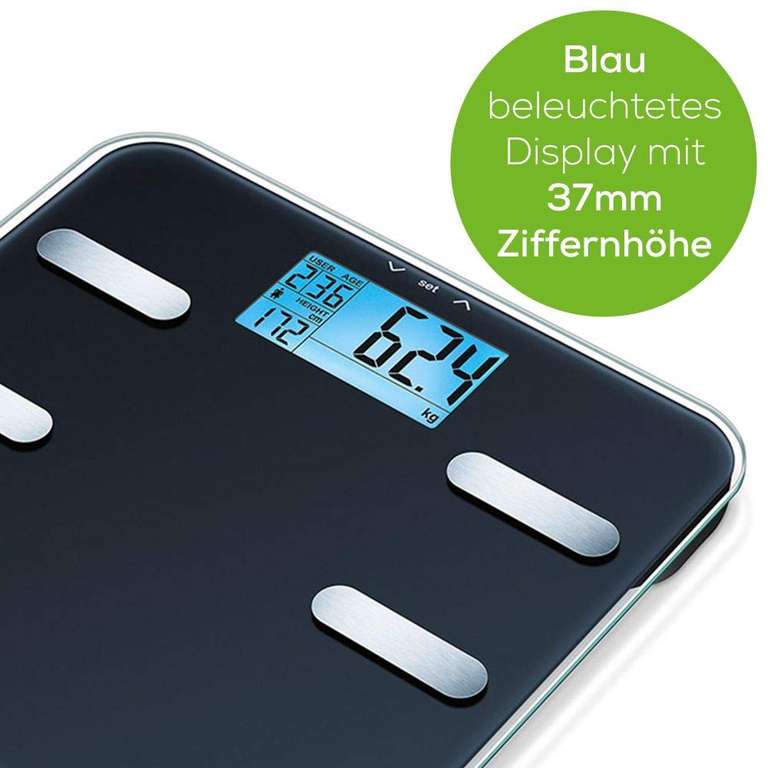 Beurer BF 185 Diagnosewaage, Messung von Gewicht, Körperfett, Körperwasser, Muskelanteil und Knochenmasse+Berechnung des Kalorienbedarfs AMR