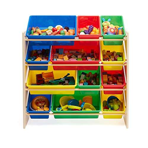 Amazon Basics Aufbewahrung für Kinderspielzeug, Spielzeug-Organizer mit 12 Plastikbehältern, Naturholz mit bunten Behältern