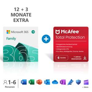 Microsoft 365 Family 12+3 Monate für 6 Nutzer + McAfee Total Protection/Norton Jahresmitgliedschaft