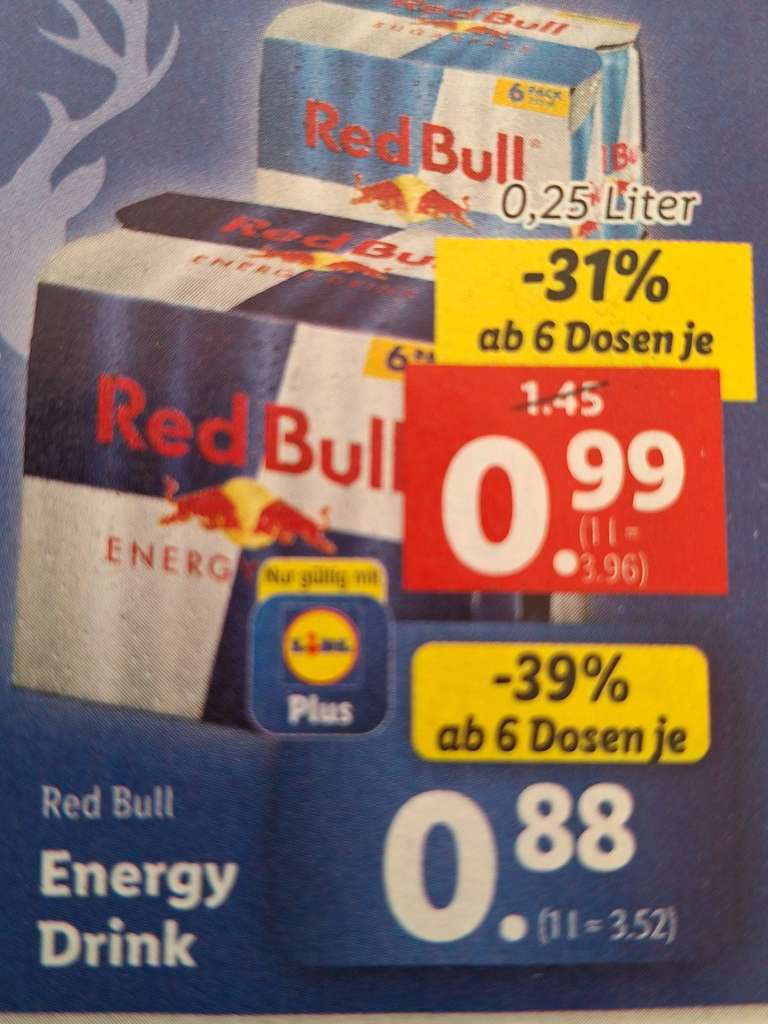 Red Bull Energy Drink 250ml in der Lidl App um 88 Cent ab 6 Dosen. 12.10. - 14.10.