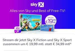 Sky X Kombi (= Live TV + Fiction + Sport) für 5 Jahre um € 19,99 mtl.