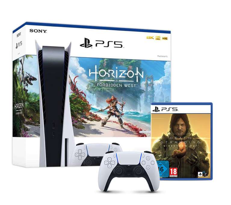 PlayStation 5 + Horizon Forbidden West (Code) + Death Stranding Director's Cut + DualSense Wireless- Controller Bundle
