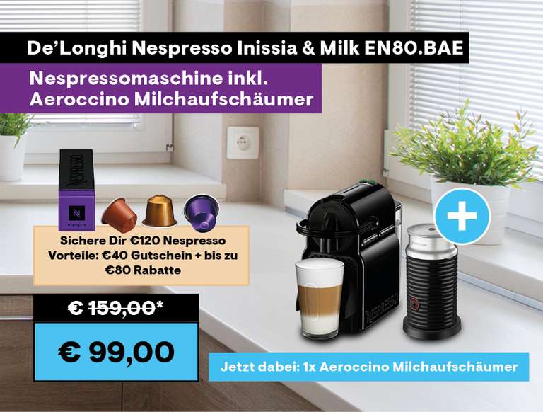 De'Longhi Nespresso Inissia EN 80.BAE schwarz inkl. Milchaufschäumer + 40€ Nespresso Gutschein