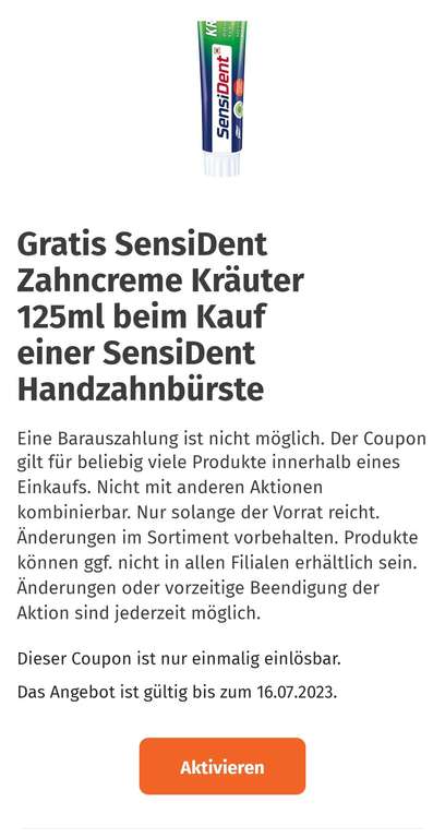 Gratis Sensident Kräuter Zahn Creme bei Kauf einer Sensident Hand Zahnbürste in der Müller App