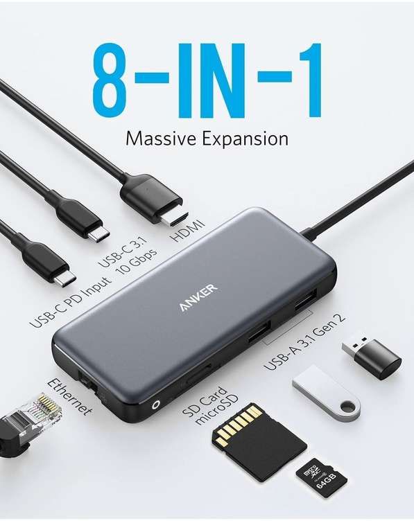 Anker 533 USB-C Hub (8-in-1) PowerExpand USB-C Adapter, 100W Power Delivery, 4K 60Hz HDMI [Prime]